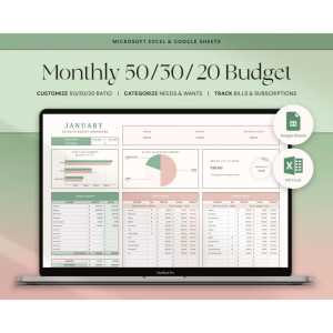 EASY 50/30/20 Excel Spreadsheet Budget Financial Goals Template