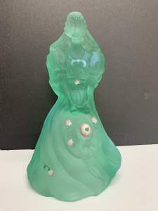 Vintage Fenton Green Hand Painted Glass Southern Belle. 21cm Height.