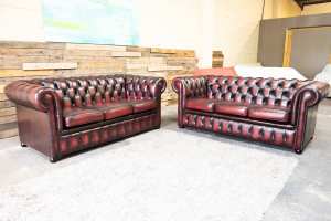 Oxblood Genuine Leather Chesterfield 3 Seater Lounges 2x. Excellent Co