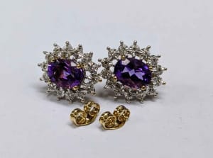 9ct Yellow and White Gold Diamond and Amethyst Earrings - LG261
