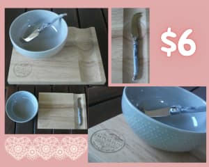BUNDLE DEAL: Wooden Board with Cheese Knife & Ceramic (Dip) Bowl