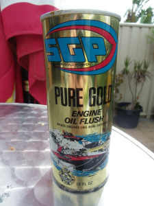 SGP SUPER GOLD POWER PURE GOLD ENGINE OIL FLUSH 15 FL OZ FULL TIN NOS