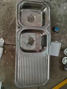 KITCHEN SINK, DUAL, AS NEW, with 4x BRAND NEW WASTES