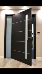 Pinstripe Chrome Monument Entrance door, Frosted Vertical light, Secre