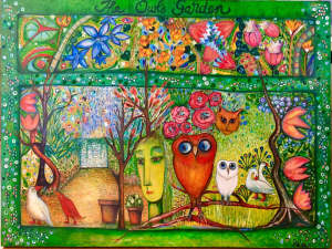 Painting (oil on canvas) titled The Owls Garden.