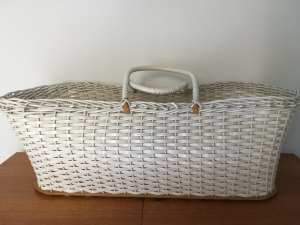 Vintage White Woven Cane Plastic Bassinet Moses Baby Basket Carrier
