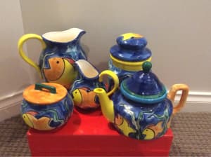 Hand Painted by Artist 5 Piece Pottery Tea Set from Gallery