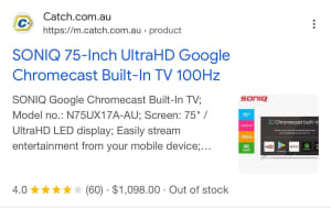 Soniq tv 75 inch ultra HD google chrome cast N75UX17A