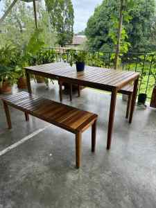 Solid wood outdoor table and bench chairs
