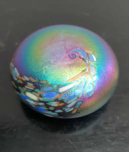 Colin heaney iridescent speckled glass paperweight 