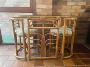 1980s Unique Cane table with glass top and 2 matching cane chairs 