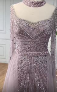 Pink beaded long formal dress with train