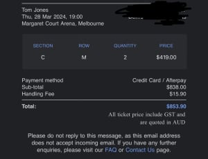 Tom Jones Melbourne Concert Tickets x2