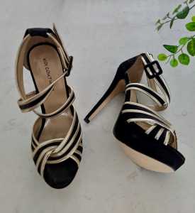 Koi Couture Platform Stiletto Heels - Black with Gold Trim Size 7-8