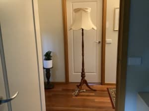 Vintage Standard lamp with silk shade and brass feet