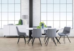 6 seat dining table / grey fabric chairs / white high gloss