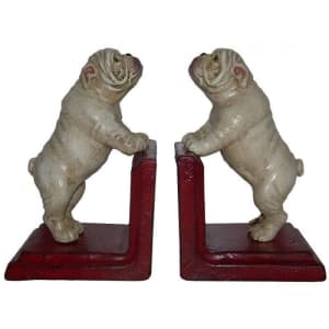 Cast Iron British Bulldog Bookends - Hand Painted Dog with Red Base