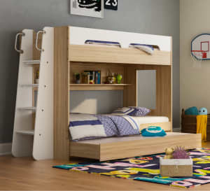 Oak Single Trio Bunk Bed with shelves and Storage Trundle for Kids