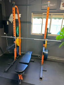 Home Gym Rack Set with Olympic Bar, Plates and Bench