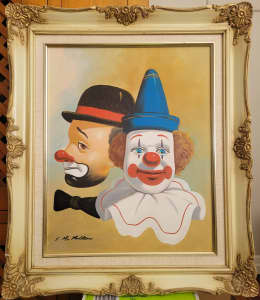 ORIGINAL OIL PAINTING - CLOWNS IN AN ANTIQUE FRAME