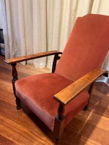 SOLD Timber and fabric vintage armchair.