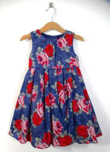 Monsoon Girls Blue Red Roses Summer Dress Age 3-4 Size 4