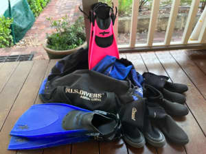 mask and snorkel, flippers, booties, dive bag