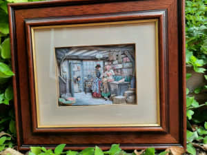 Decoupage Layered 3D framed picture in wood and glass frame.