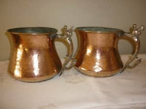Vintage PAIR gorgeous industrial copper pots with handles &roosters