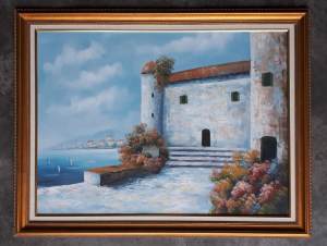 Large original oil painting on canvas “water front house”, as new