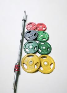 80kg Olympic tri-grip weights with Olympic barbell