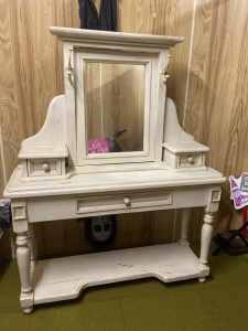 Antique off-white wooden desk duchess dressing table mirror 