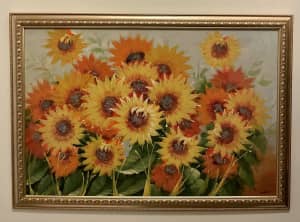 Large Oil Painting - Sunflowers Floral Flowers signed 70cm x 100cm