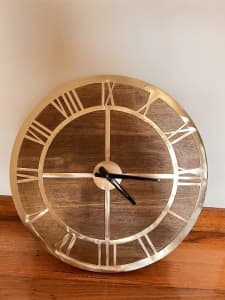 Wooden Wall Clock Roman Numerals with Brass look