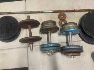Weights, bar and dumbbells