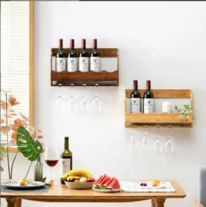 Wowmart Bamboo Wall Mounted Wine Rack Bottle & Glass Holder