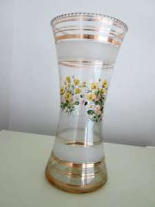 1960s Retro Vase glass with gold paint frosted-band buttercups daisies