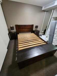 Timber bedroom suite, queen bed with blanket box end and bedsides