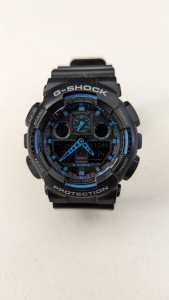 G-SHOCK GA100-1A2 Mens Black/Blue Analog/Digital Watch with Black Band