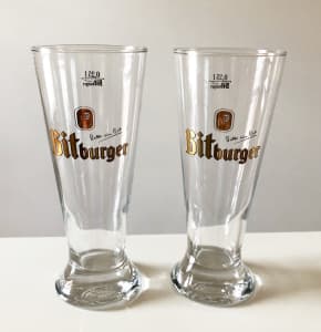 Two Tall Vintage Unused Bitburger Beer Glasses