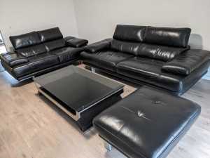 Black Leather Set of 3-Seater Sofa, 2-Seater Sofa and an Ottoman