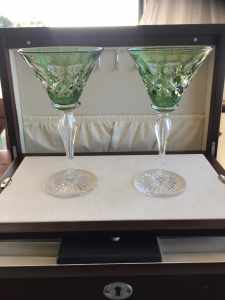 Rare Vintage 2 x Tudor England Green Crystal sherry glasses 
