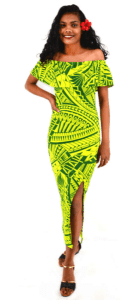 Polynesian Inspired Evening Dress, Off the Shoulder Dresses...