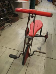 Vintage Metal Tricycle bike Painted Red Wooden Seat Children kids