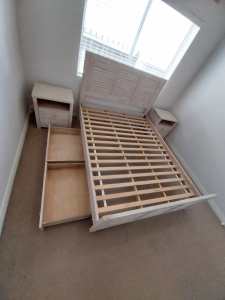 Queen slat bed, side cupboards, under bed storage drawers