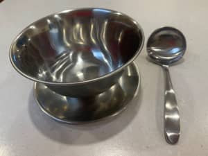 VINTAGE RARE Denmark stainless steel serving dish with matching spoon