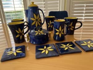 Blue and Yellow Glazed Coffee set with coffee pot mugs sugar creamer c