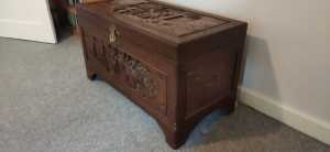 Art Deco Oriental Carved Camphor Wood Chest, Large