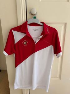Red/white Crest Forster/Tuncurry golf club shirt, Size M (US:10-12)