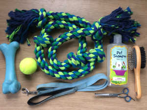 Dog items - XL Knotted Rope, Double Brush, Scissors, Bone, Shampoo etc